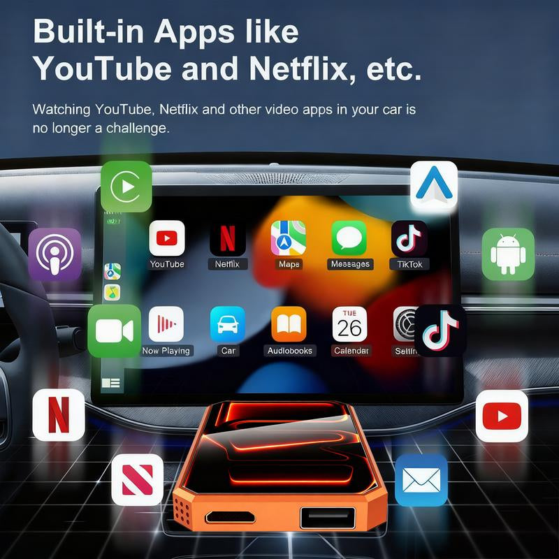 MAKASRI 4-In-1 Al Box for Netflix/Youtube/Tiktok/Google Play Streaming, 3-In-1 Wireless Carplay and Android Auto Adapter, Compatible with Vehicles Equipped with Factory-Installed Carplay, Plug and Play, Easy to Install