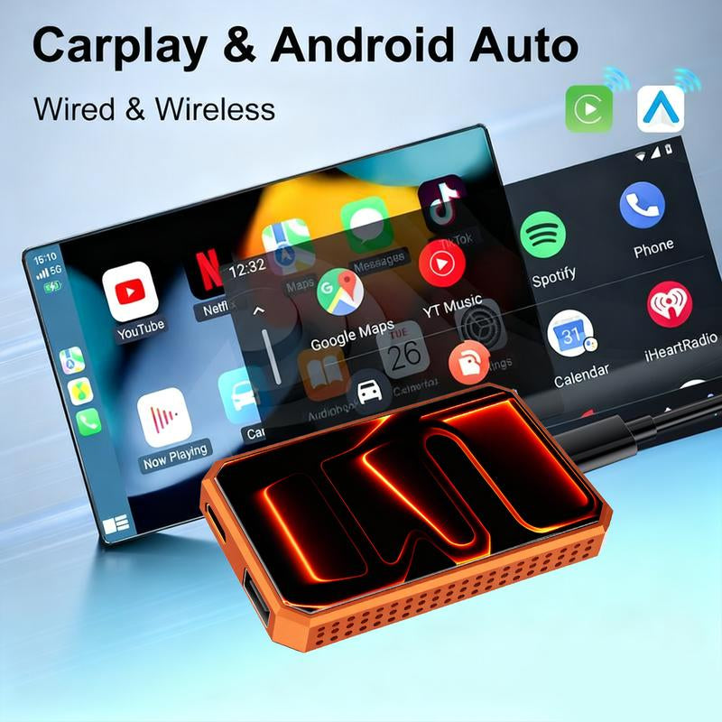 MAKASRI 4-In-1 Al Box for Netflix/Youtube/Tiktok/Google Play Streaming, 3-In-1 Wireless Carplay and Android Auto Adapter, Compatible with Vehicles Equipped with Factory-Installed Carplay, Plug and Play, Easy to Install