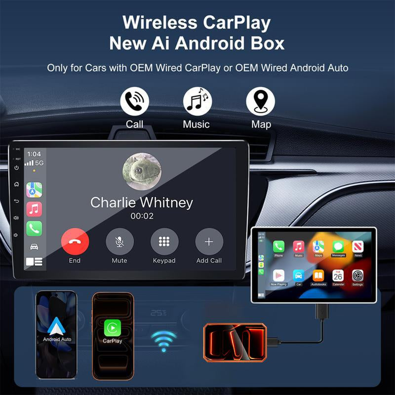 MAKASRI 4-In-1 Al Box for Netflix/Youtube/Tiktok/Google Play Streaming, 3-In-1 Wireless Carplay and Android Auto Adapter, Compatible with Vehicles Equipped with Factory-Installed Carplay, Plug and Play, Easy to Install