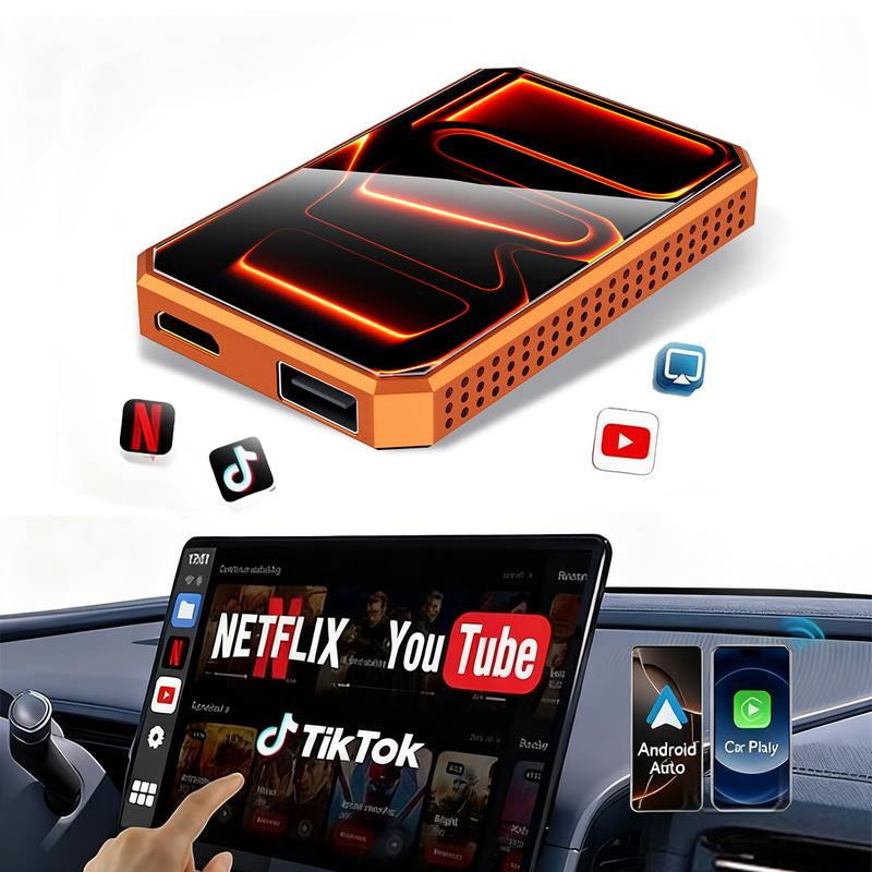 MAKASRI 4-In-1 Al Box for Netflix/Youtube/Tiktok/Google Play Streaming, 3-In-1 Wireless Carplay and Android Auto Adapter, Compatible with Vehicles Equipped with Factory-Installed Carplay, Plug and Play, Easy to Install